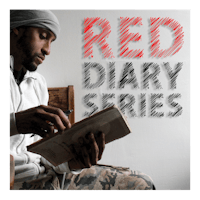 a man reading a book with the words red diary series