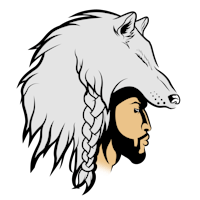 an indian man with a wolf head on a black background